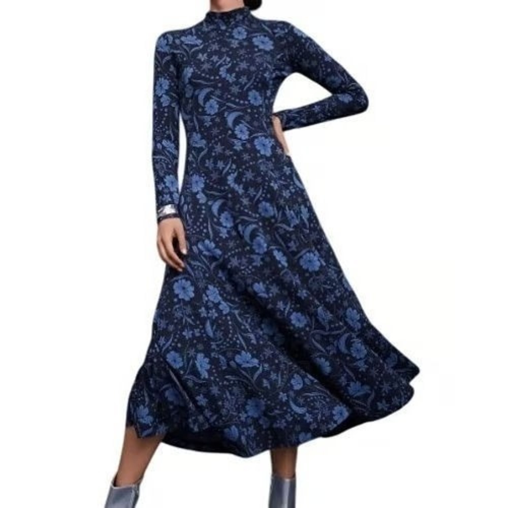 Loft Women's Blue Snowflake Bloom Godet Turtleneck Maxi‎ Dress - Small - $99